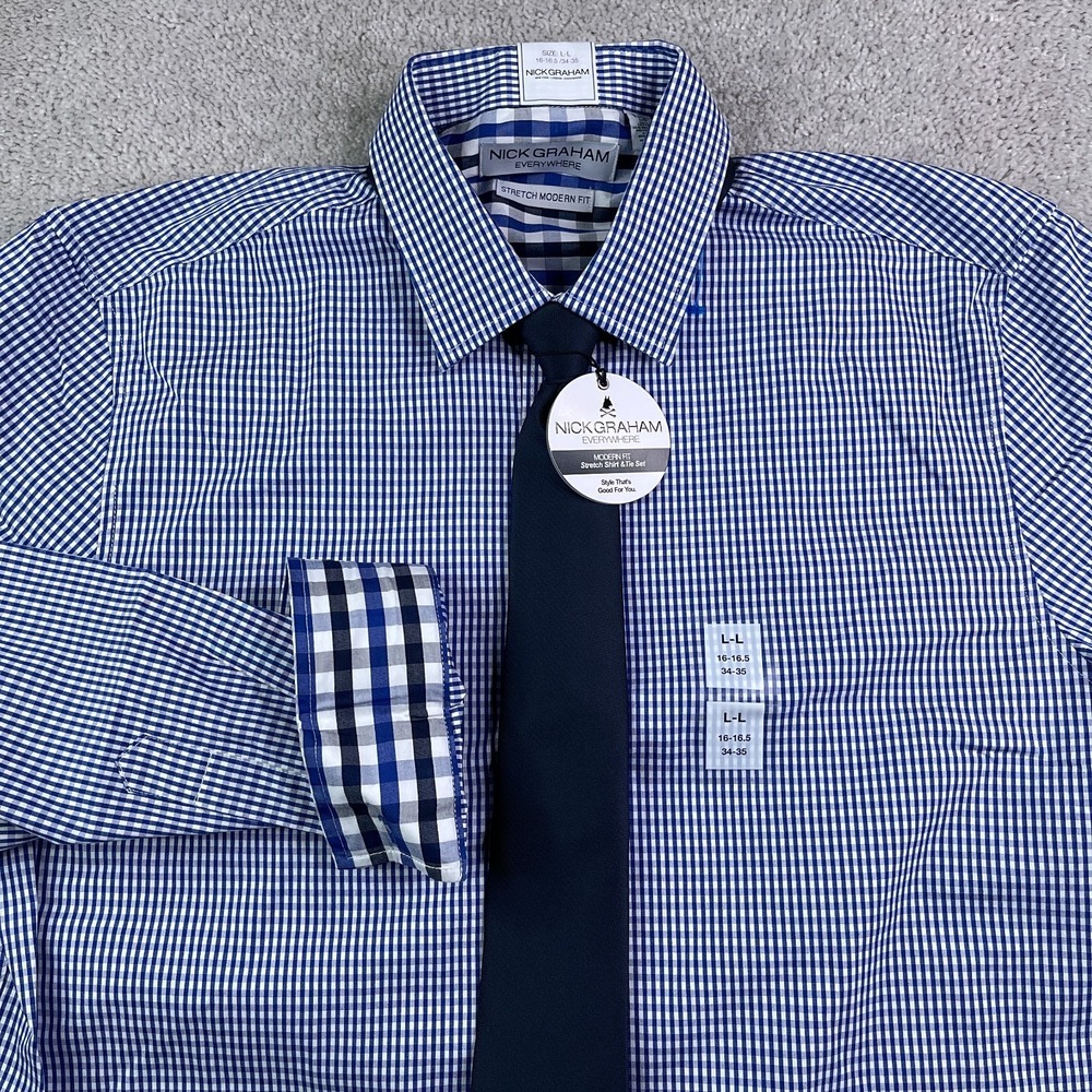 NEW Nick Graham Shirt and Tie Mens 16 34 Blue Gingham Stretch Modern Fit NWT